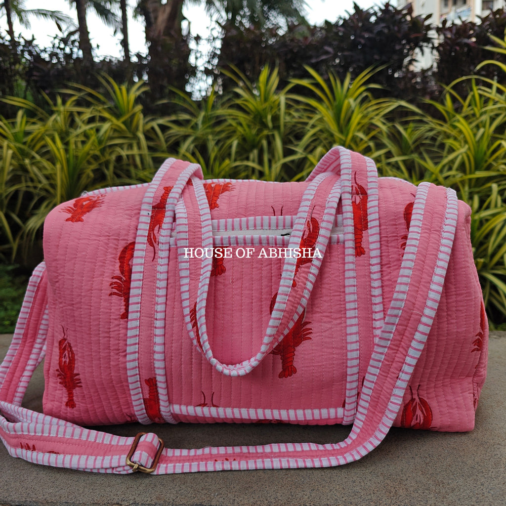 Block Printed Quilted Pink Lobster Duffle Bag