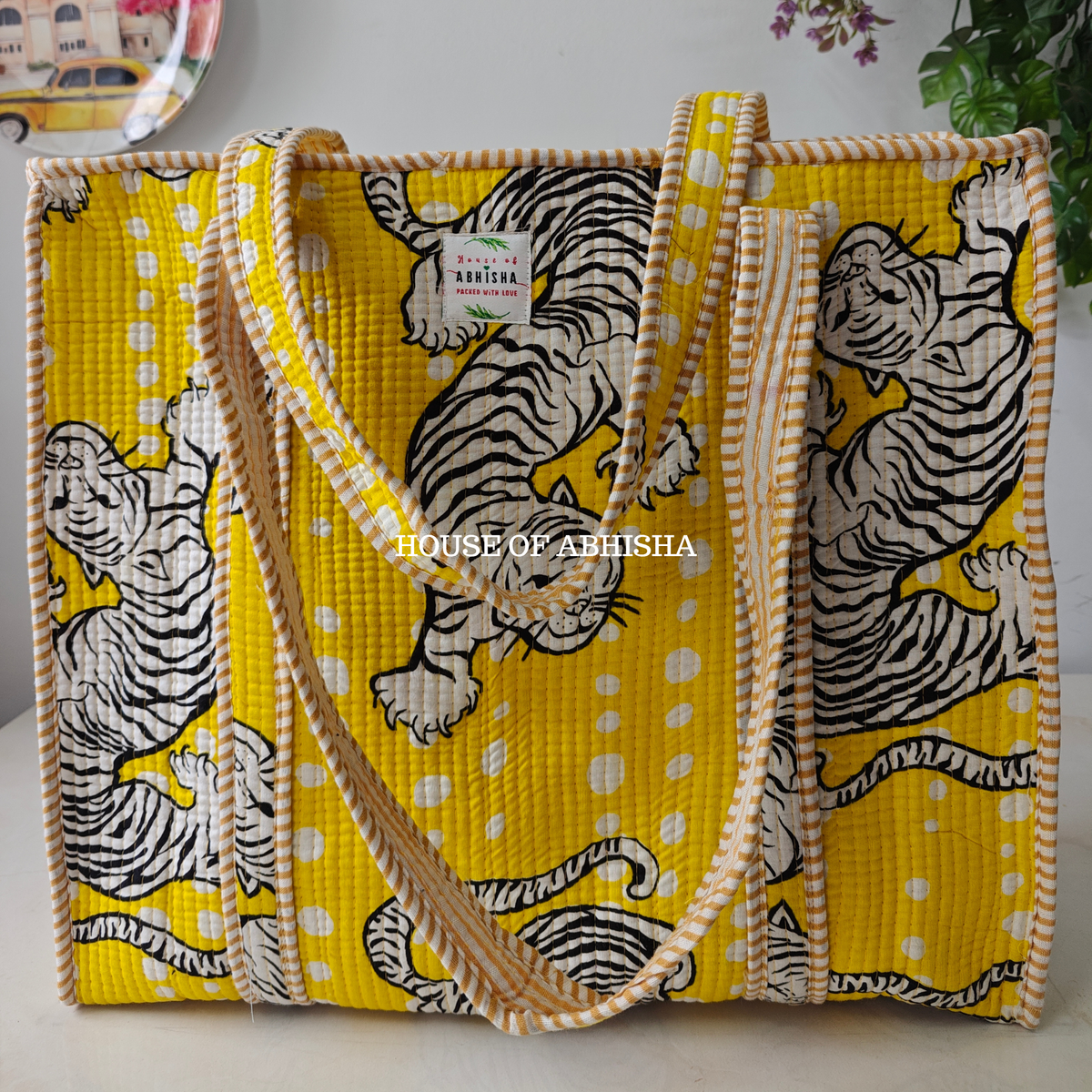 Yellow Tiger Quilted Cotton Tote Bag