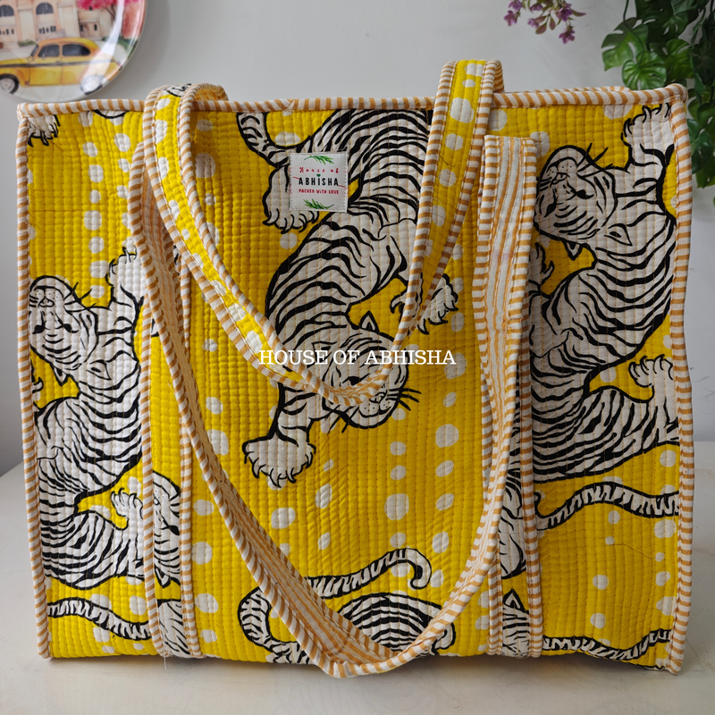 Yellow Tiger Quilted Cotton Tote Bag