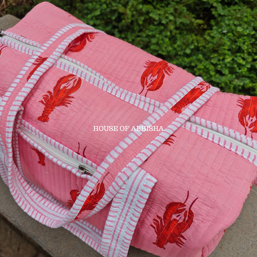 Block Printed Quilted Pink Lobster Duffle Bag
