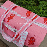 Block Printed Quilted Pink Lobster Duffle Bag