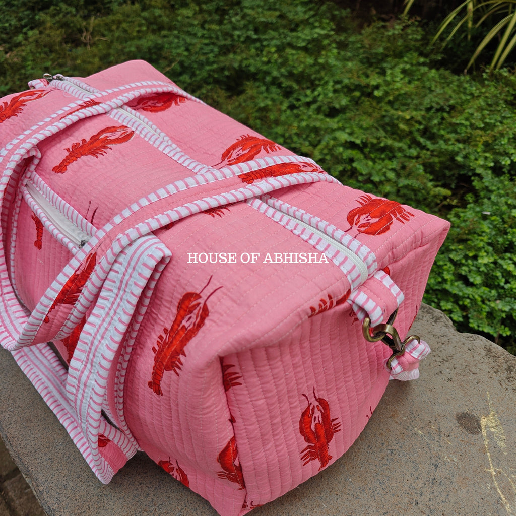 Block Printed Quilted Pink Lobster Duffle Bag