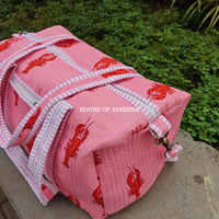 Block Printed Quilted Pink Lobster Duffle Bag
