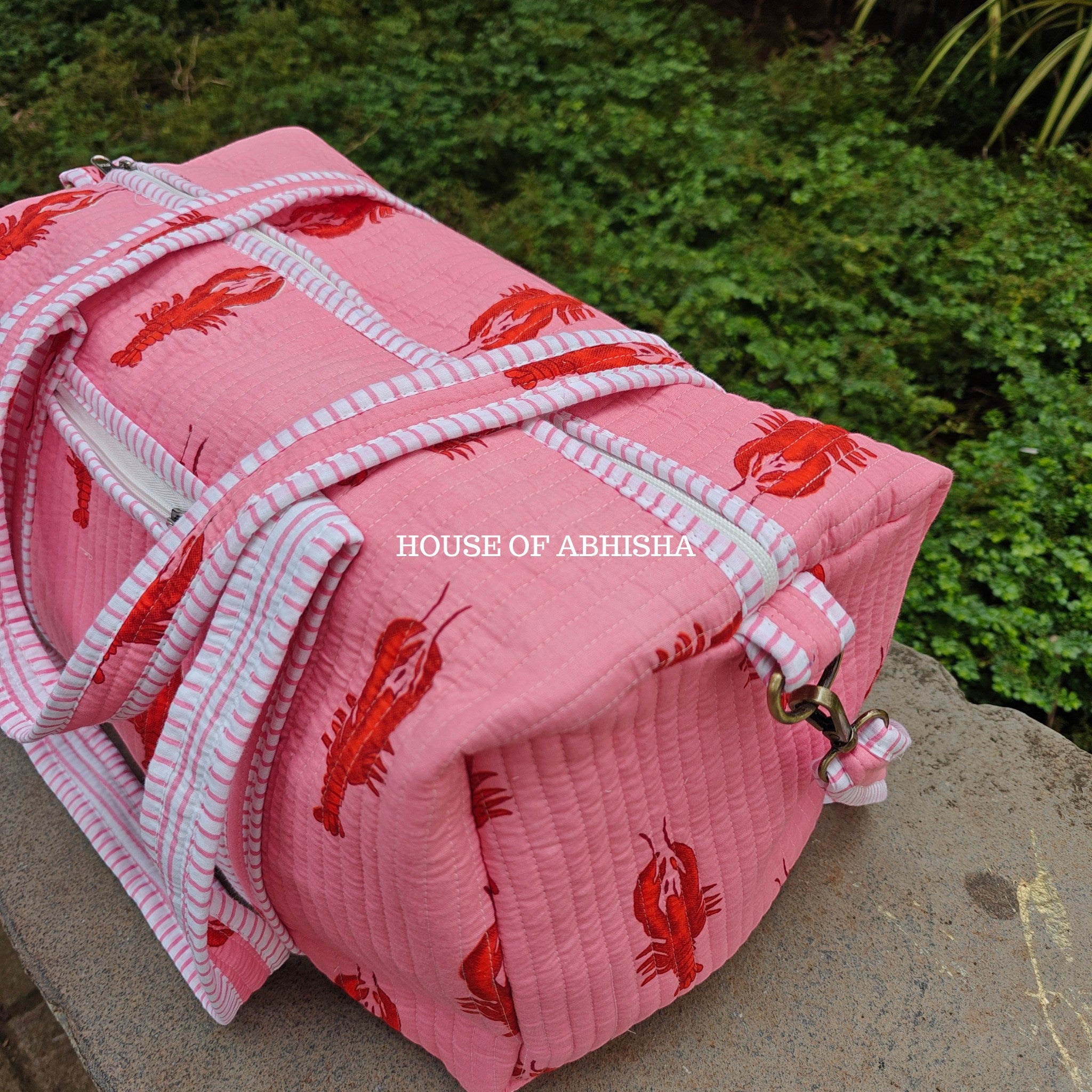 Block Printed Quilted Pink Lobster Duffle Bag