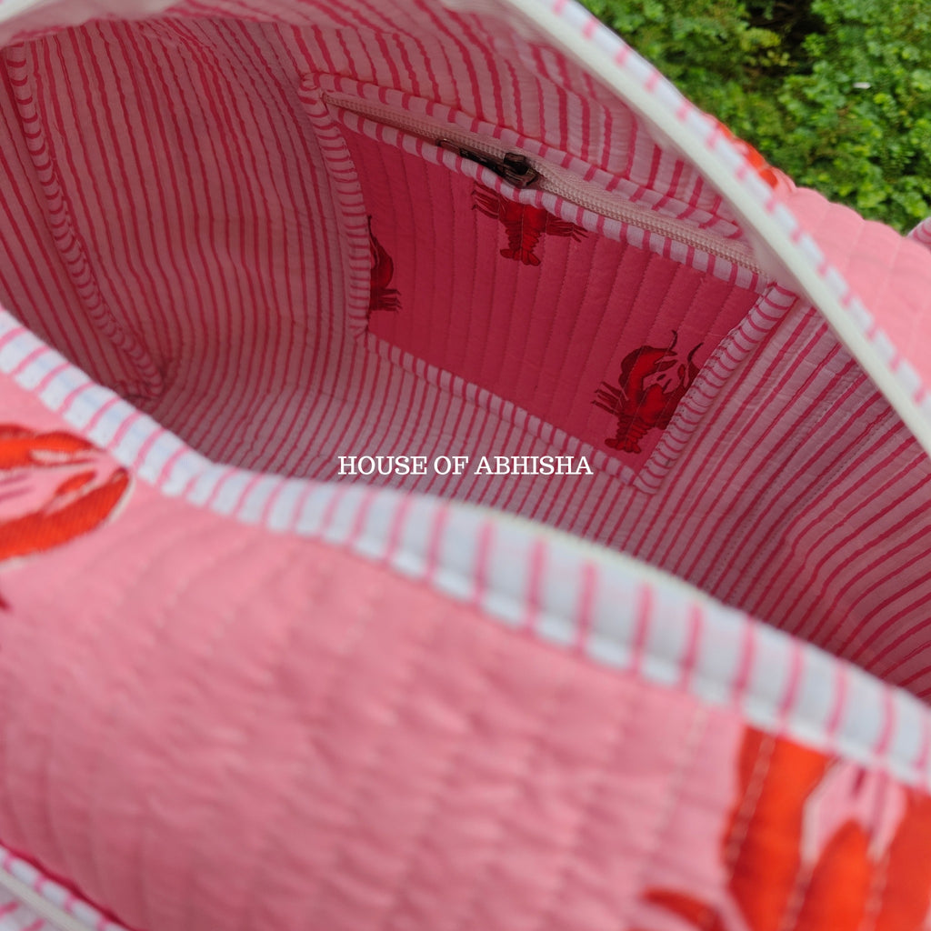Block Printed Quilted Pink Lobster Duffle Bag