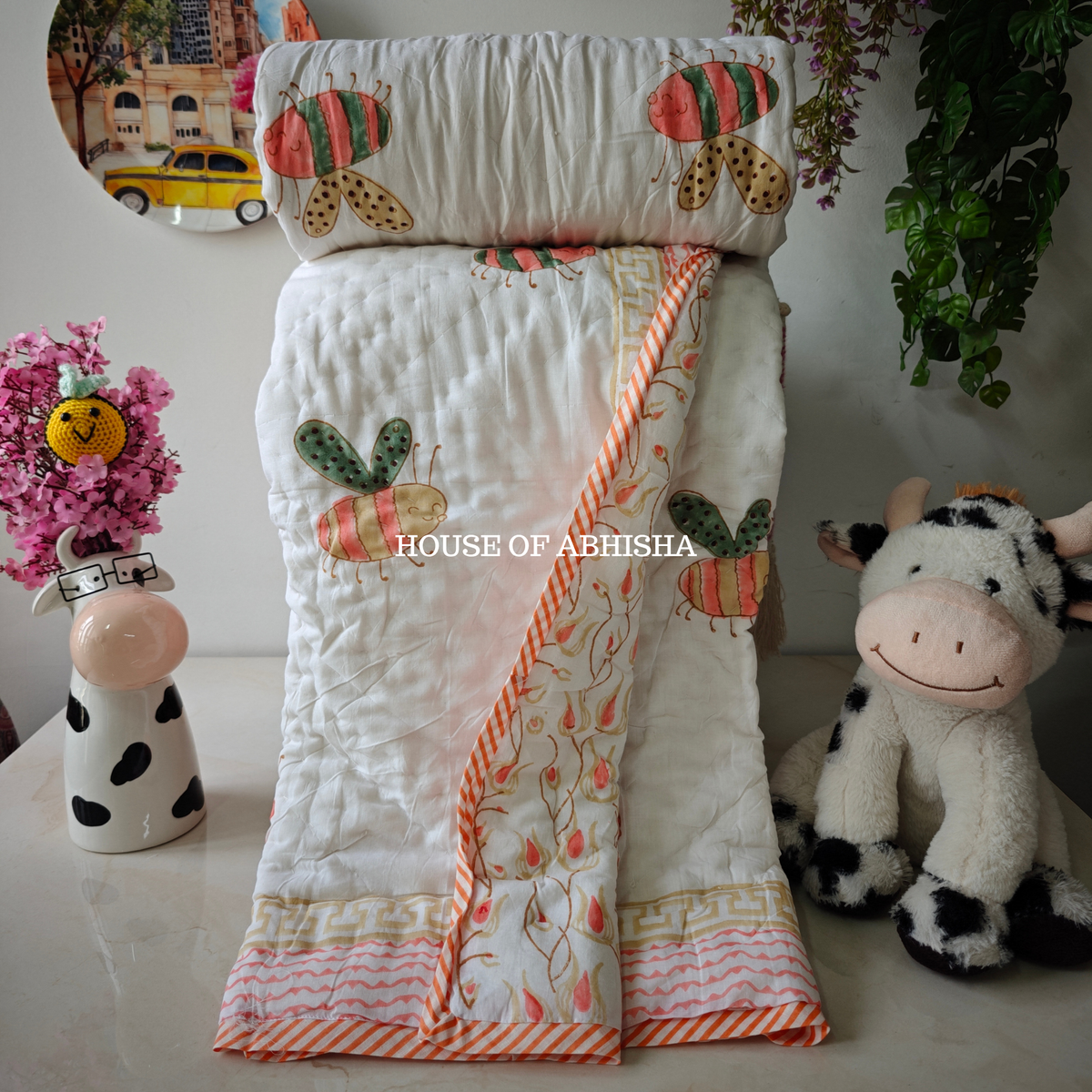 Bees Dream Garden Handblock Printed Mulmul Kids Quilt