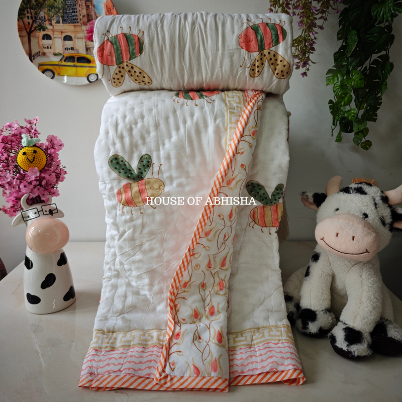 Bees Dream Garden Handblock Printed Mulmul Kids Quilt