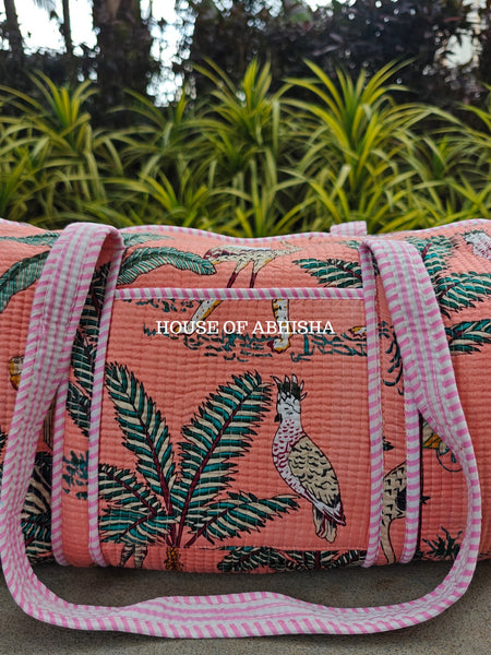 Block Printed Quilted Pink Jungle Duffle Bag