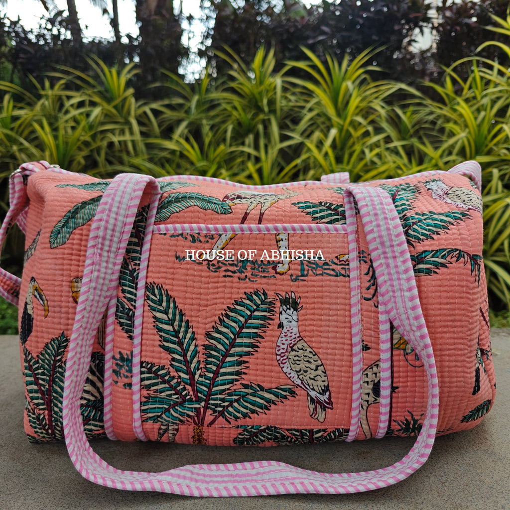 Block Printed Quilted Pink Jungle Duffle Bag