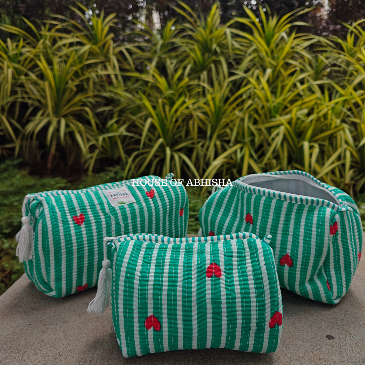 Striped Heart Quilted Utility Pouches - Set of 3