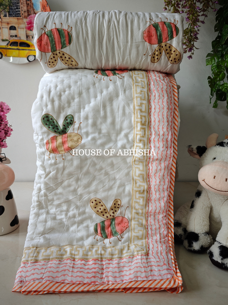 Bees Dream Garden Handblock Printed Mulmul Kids Quilt