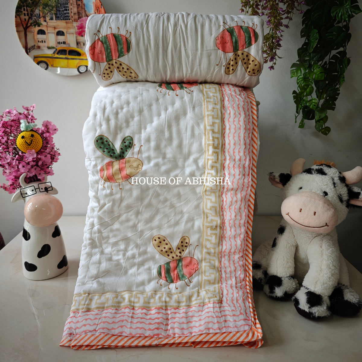 Bees Dream Garden Handblock Printed Mulmul Kids Quilt