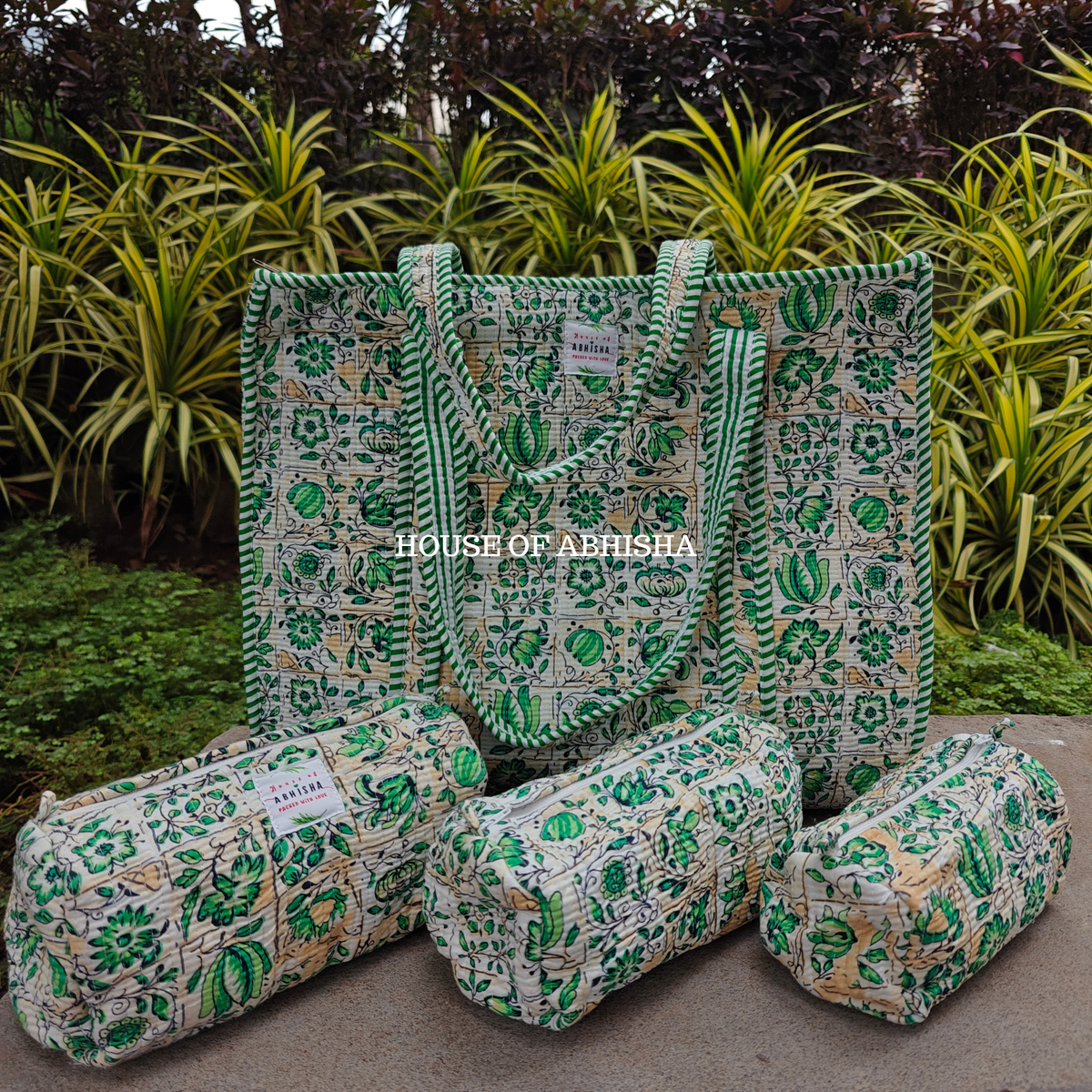 Madhuban Quilted Cotton Tote Bag + Pouch (Set of 3) Combo