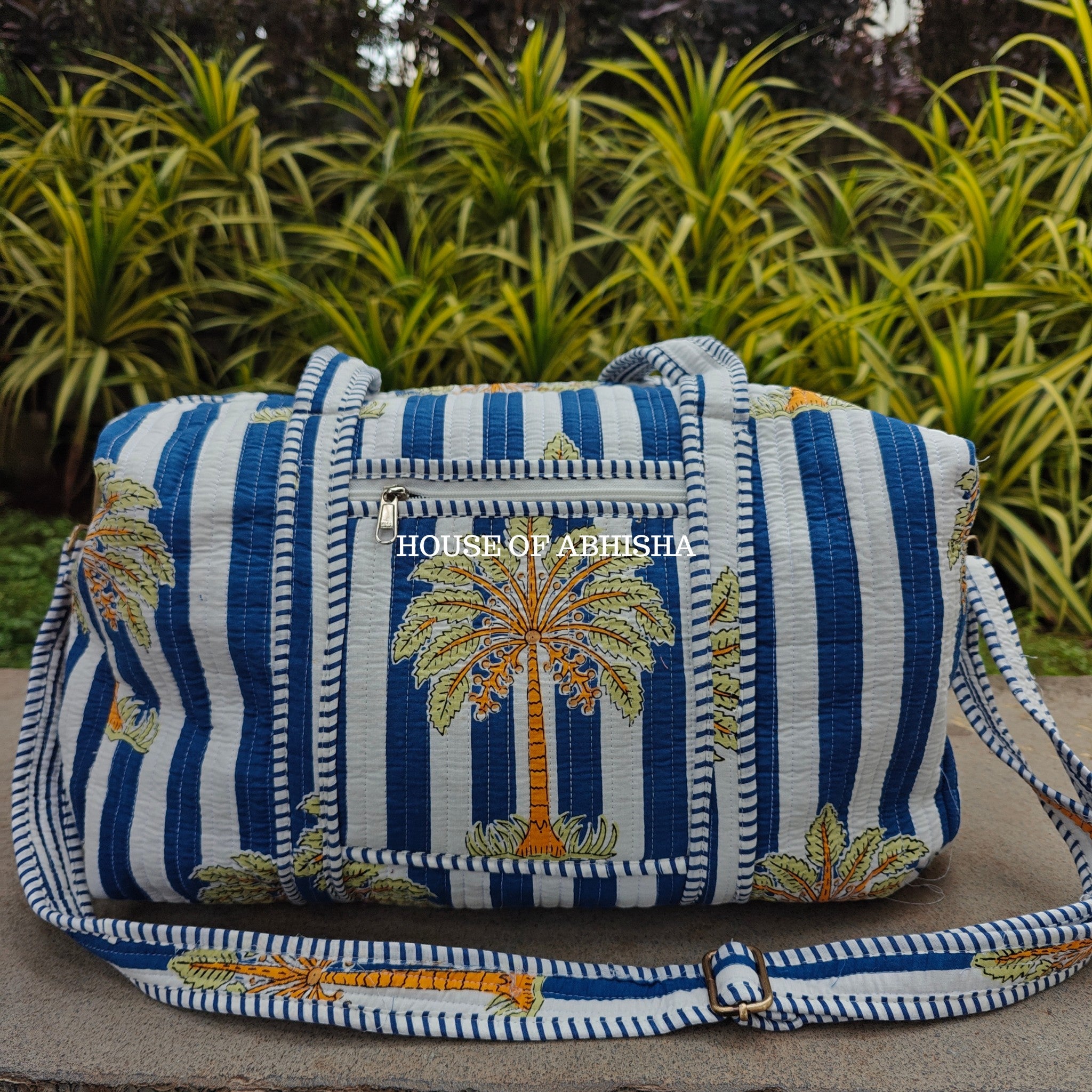Block Printed Quilted Royal Palm Duffle Bag