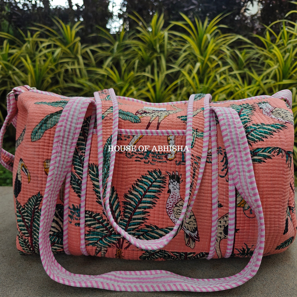 Block Printed Quilted Pink Jungle Duffle Bag