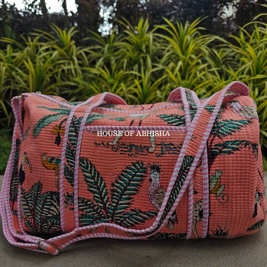 Block Printed Quilted Pink Jungle Duffle Bag