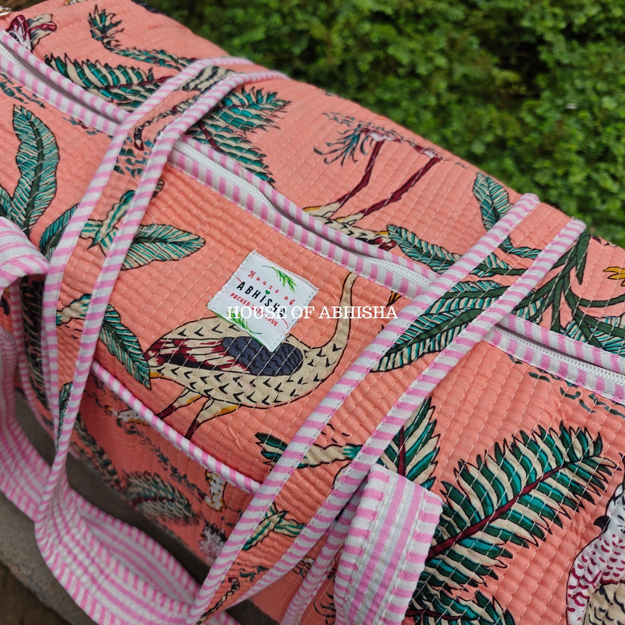 Block Printed Quilted Pink Jungle Duffle Bag