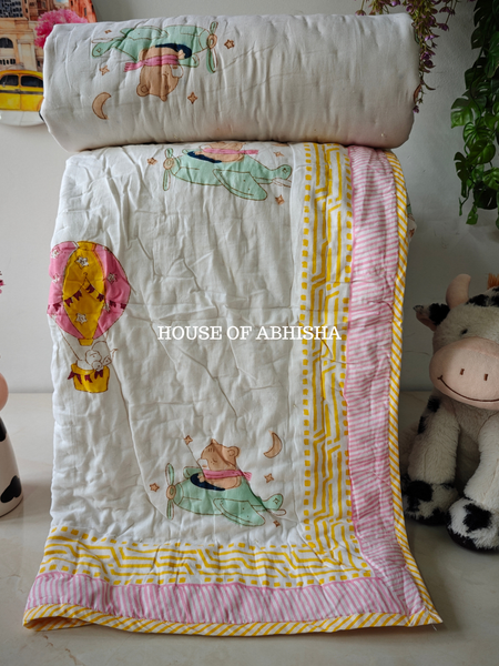 Bloom & Bunny Handblock Printed Mulmul Kids Quilt