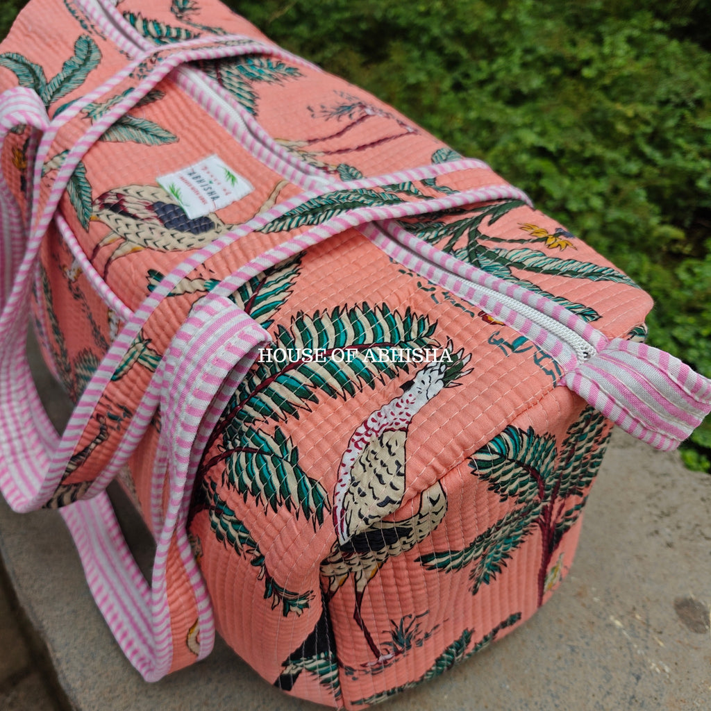 Block Printed Quilted Pink Jungle Duffle Bag