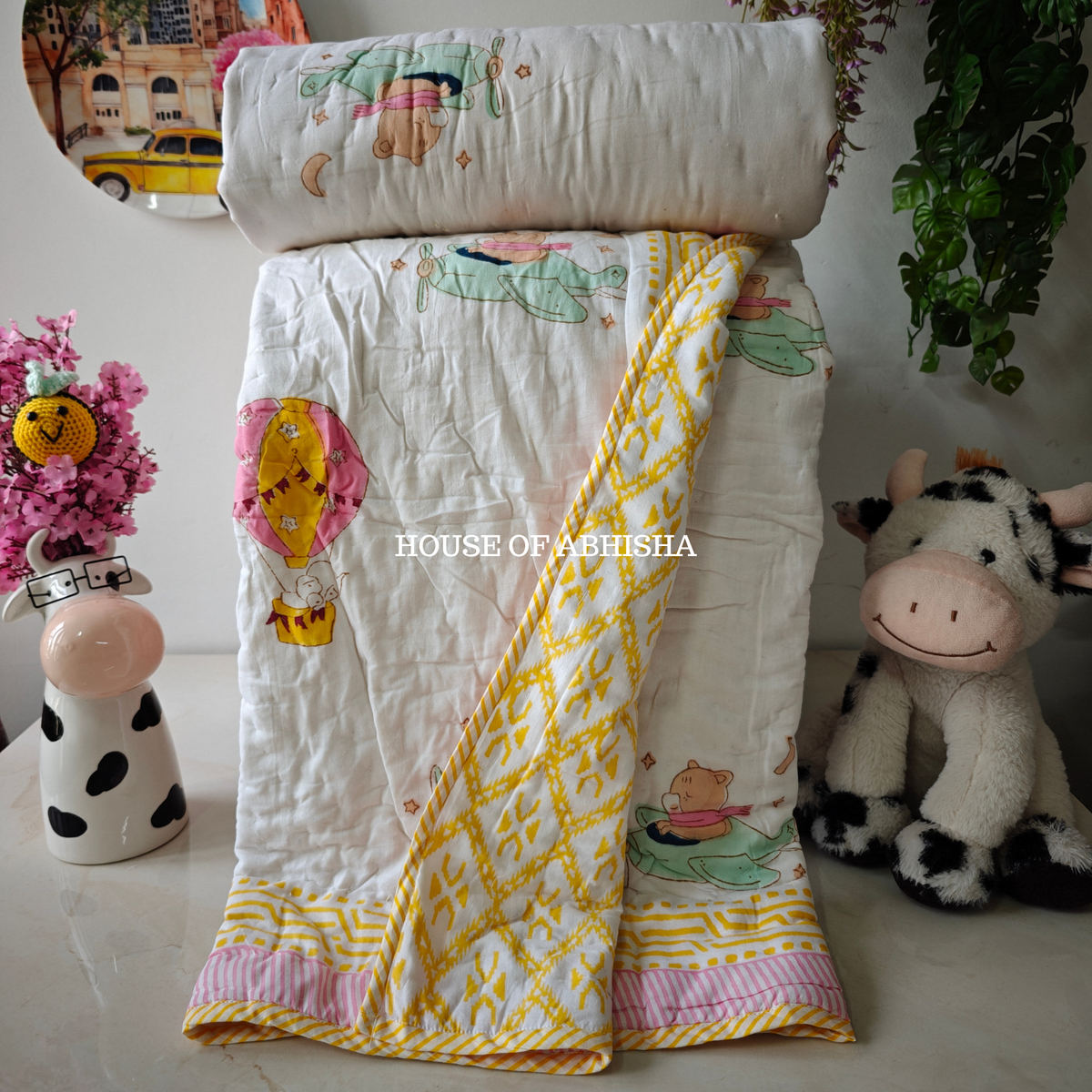 Bloom & Bunny Handblock Printed Mulmul Kids Quilt