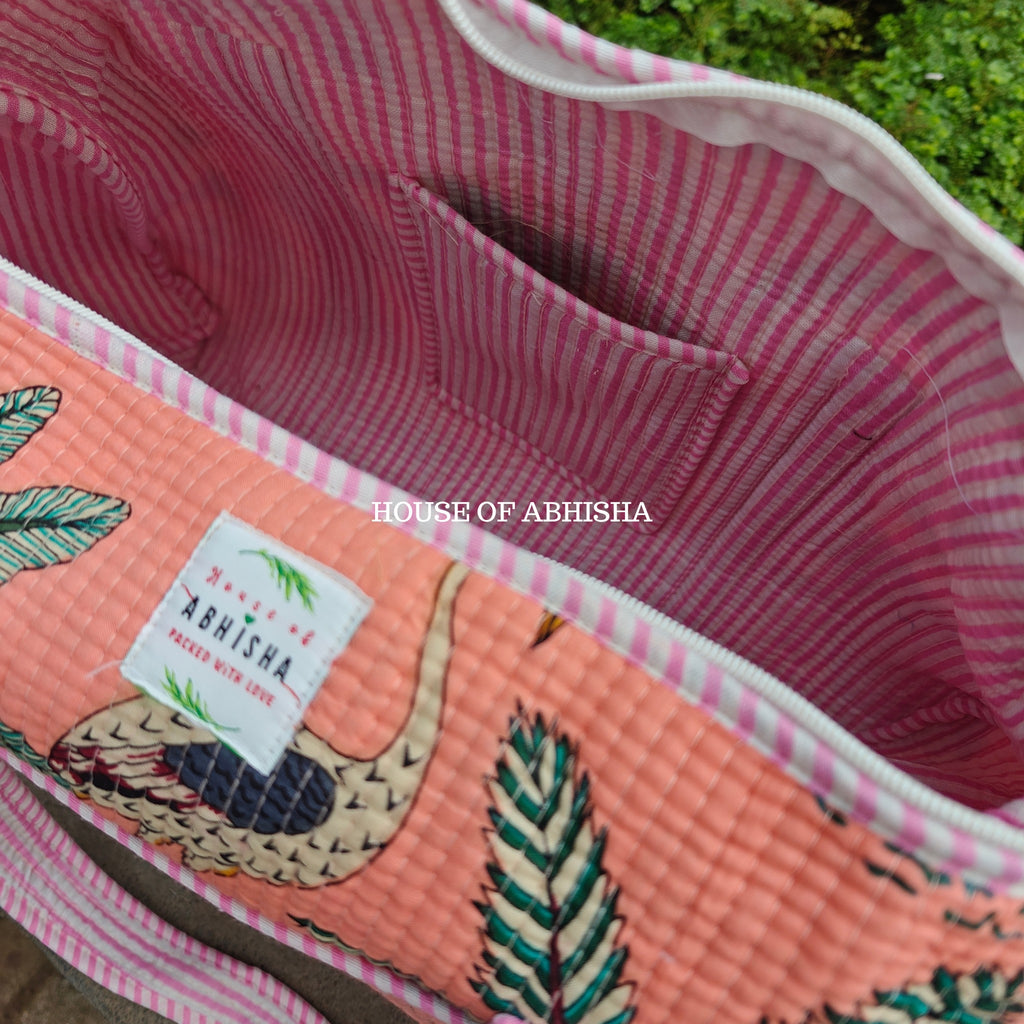 Block Printed Quilted Pink Jungle Duffle Bag