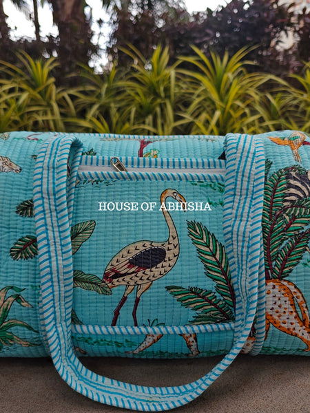 Block Printed Quilted Blue Jungle Duffle Bag