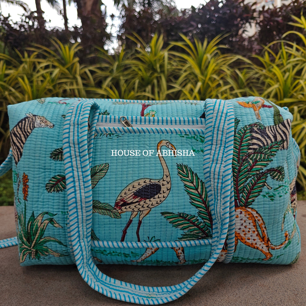 Block Printed Quilted Blue Jungle Duffle Bag