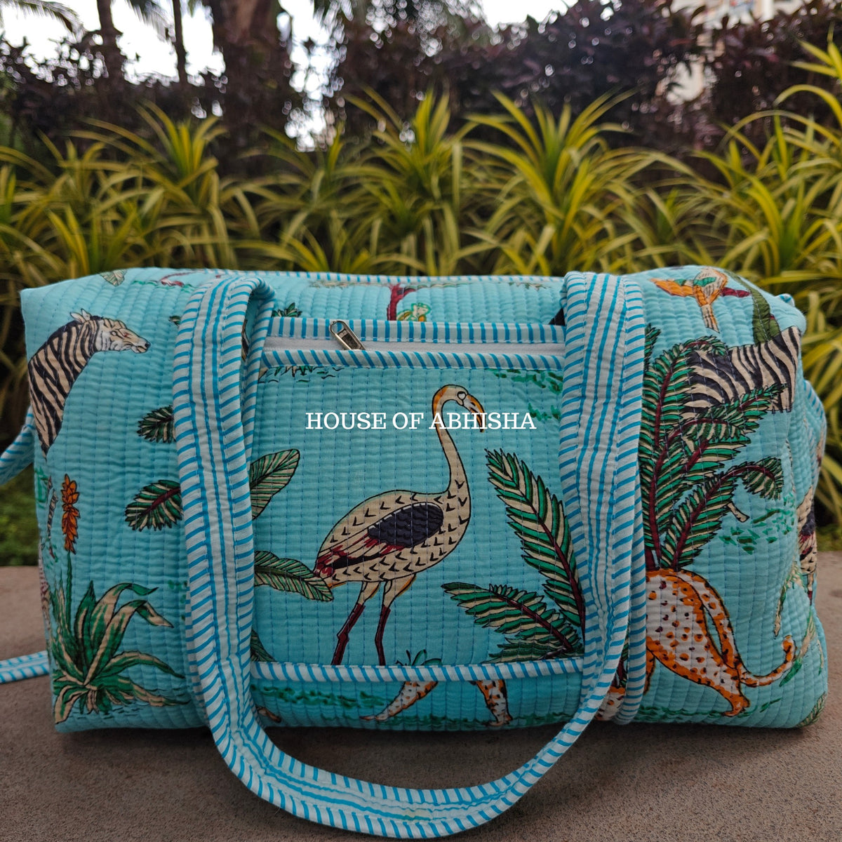 Block Printed Quilted Blue Jungle Duffle Bag