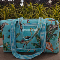 Block Printed Quilted Blue Jungle Duffle Bag