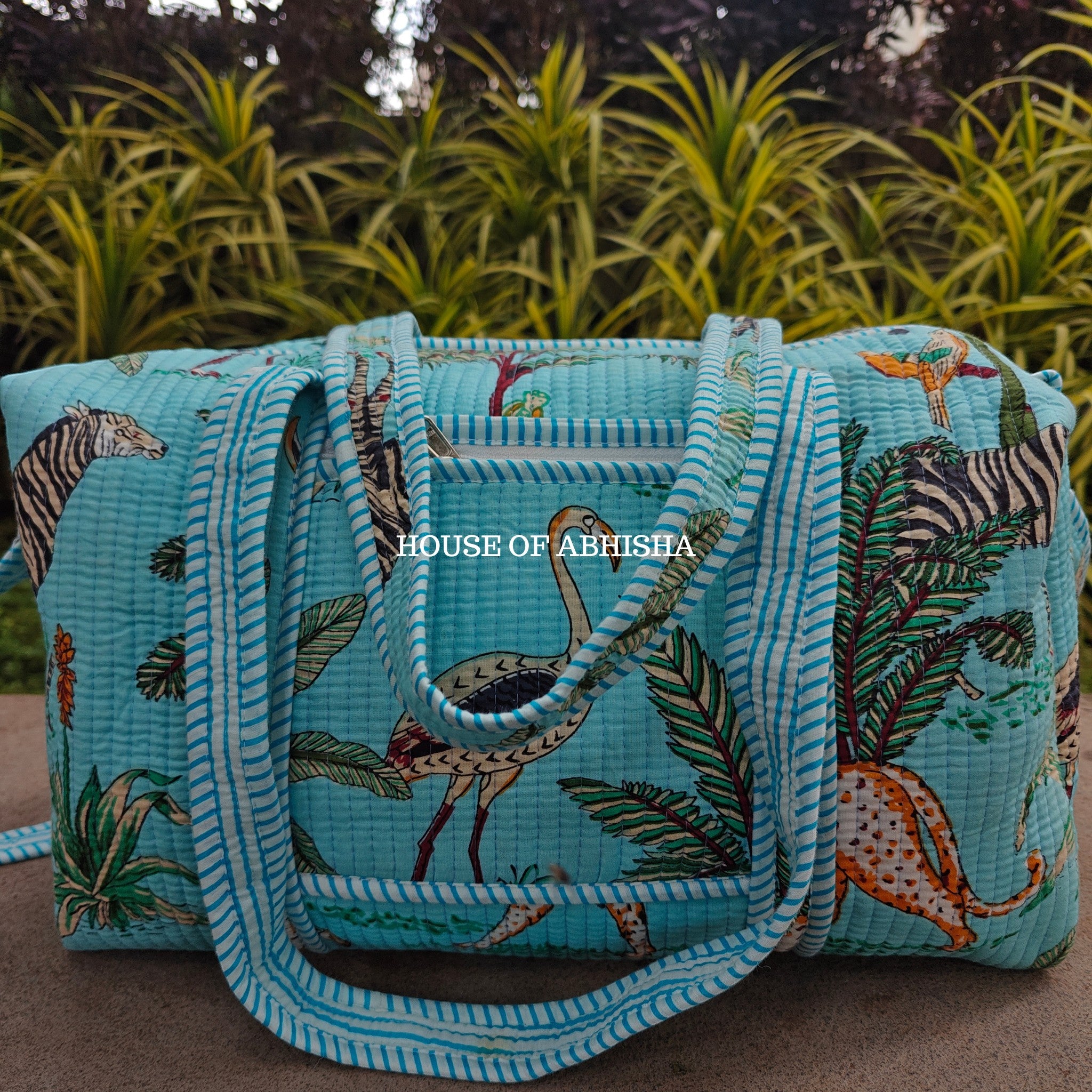 Block Printed Quilted Blue Jungle Duffle Bag