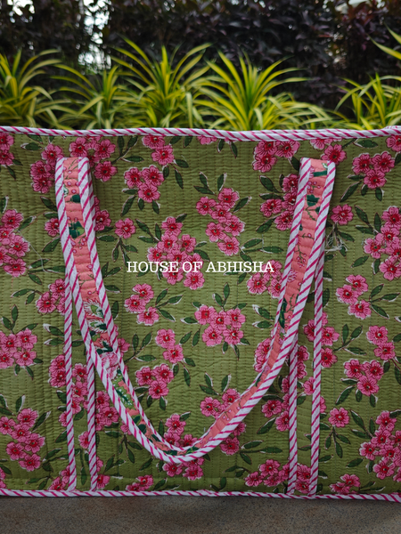 Fern & Petal Handblock Printed Cotton Tote Bag with Laptop Compartment