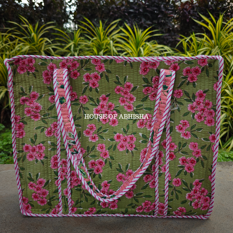 Fern & Petal Handblock Printed Cotton Tote Bag with Laptop Compartment