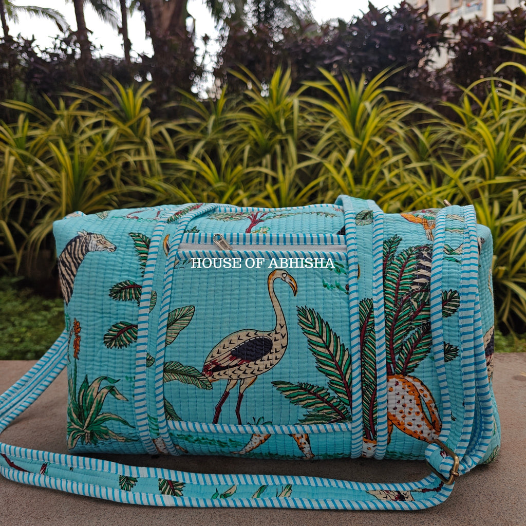 Block Printed Quilted Blue Jungle Duffle Bag