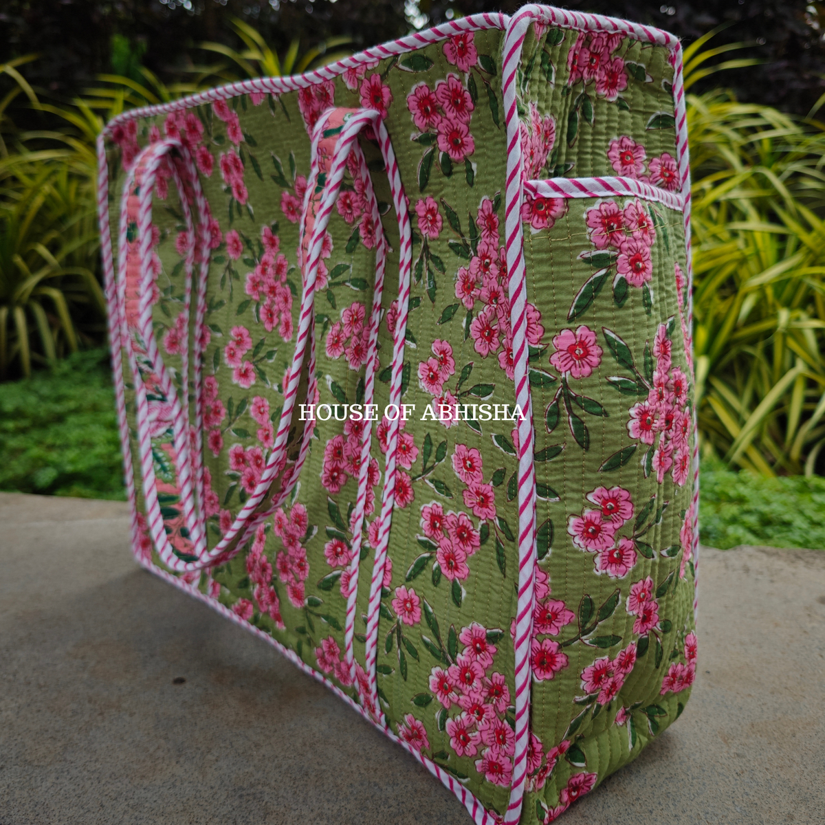 Fern & Petal Handblock Printed Cotton Tote Bag with Laptop Compartment