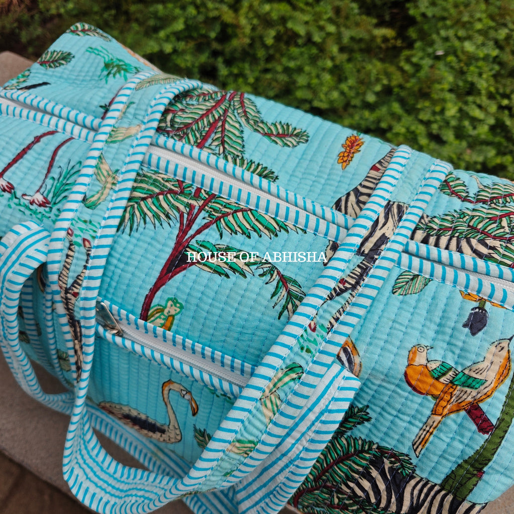 Block Printed Quilted Blue Jungle Duffle Bag