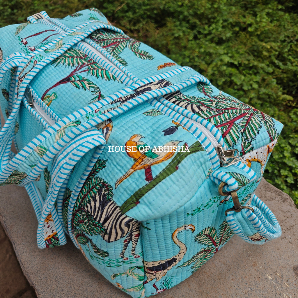 Block Printed Quilted Blue Jungle Duffle Bag