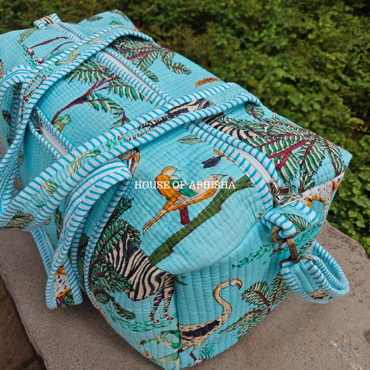 Block Printed Quilted Blue Jungle Duffle Bag