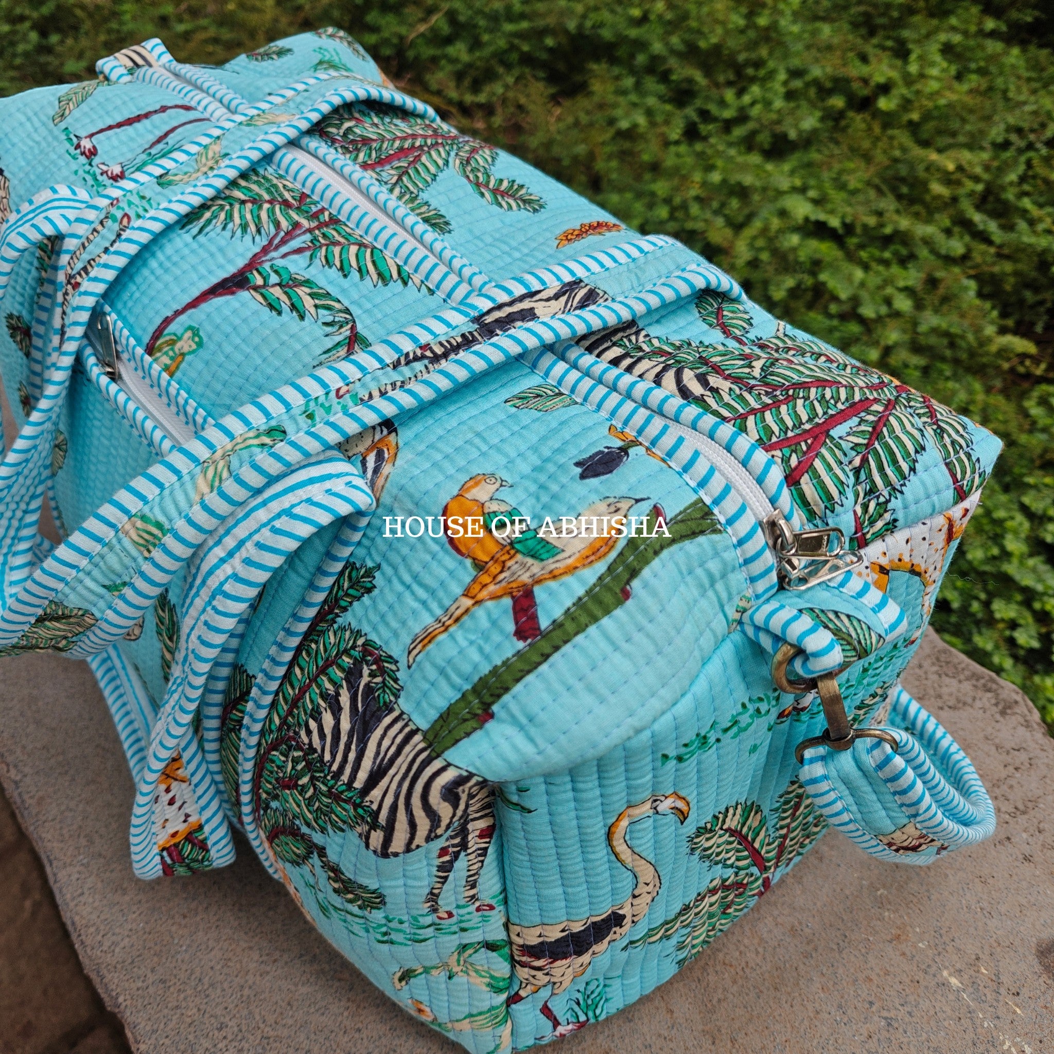 Block Printed Quilted Blue Jungle Duffle Bag