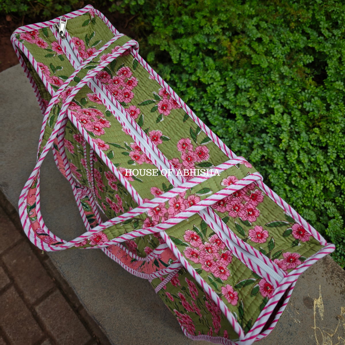 Fern & Petal Handblock Printed Cotton Tote Bag with Laptop Compartment