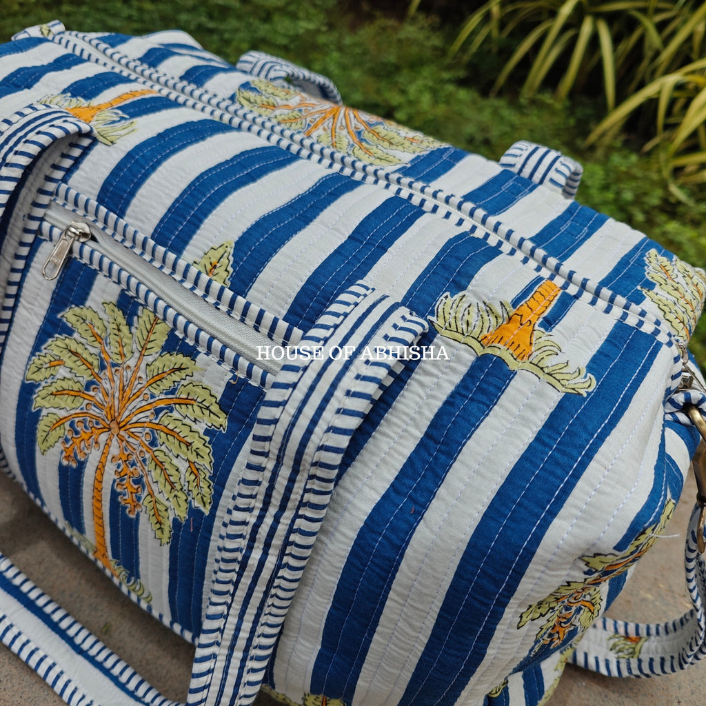 Block Printed Quilted Royal Palm Duffle Bag