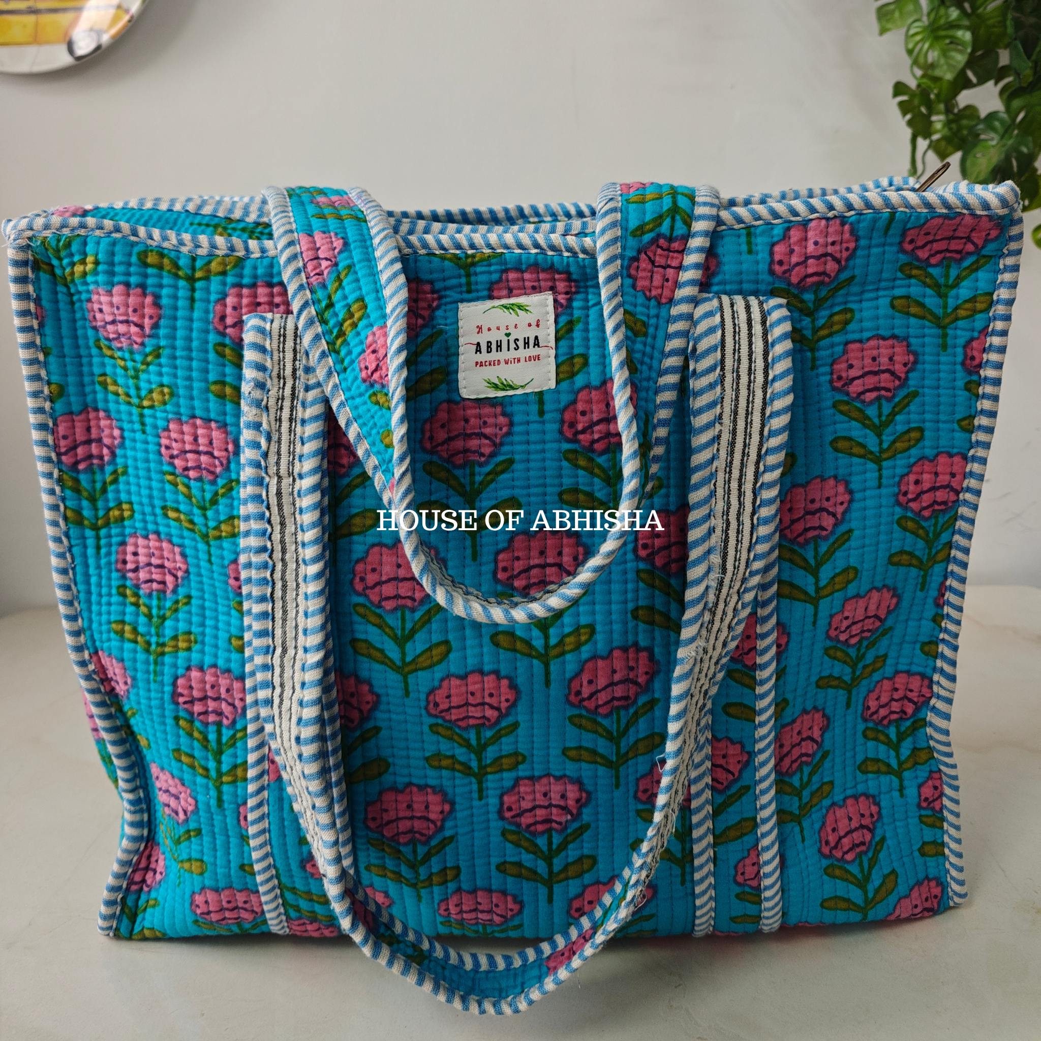 Blue Tulip Quilted Cotton Tote Bag