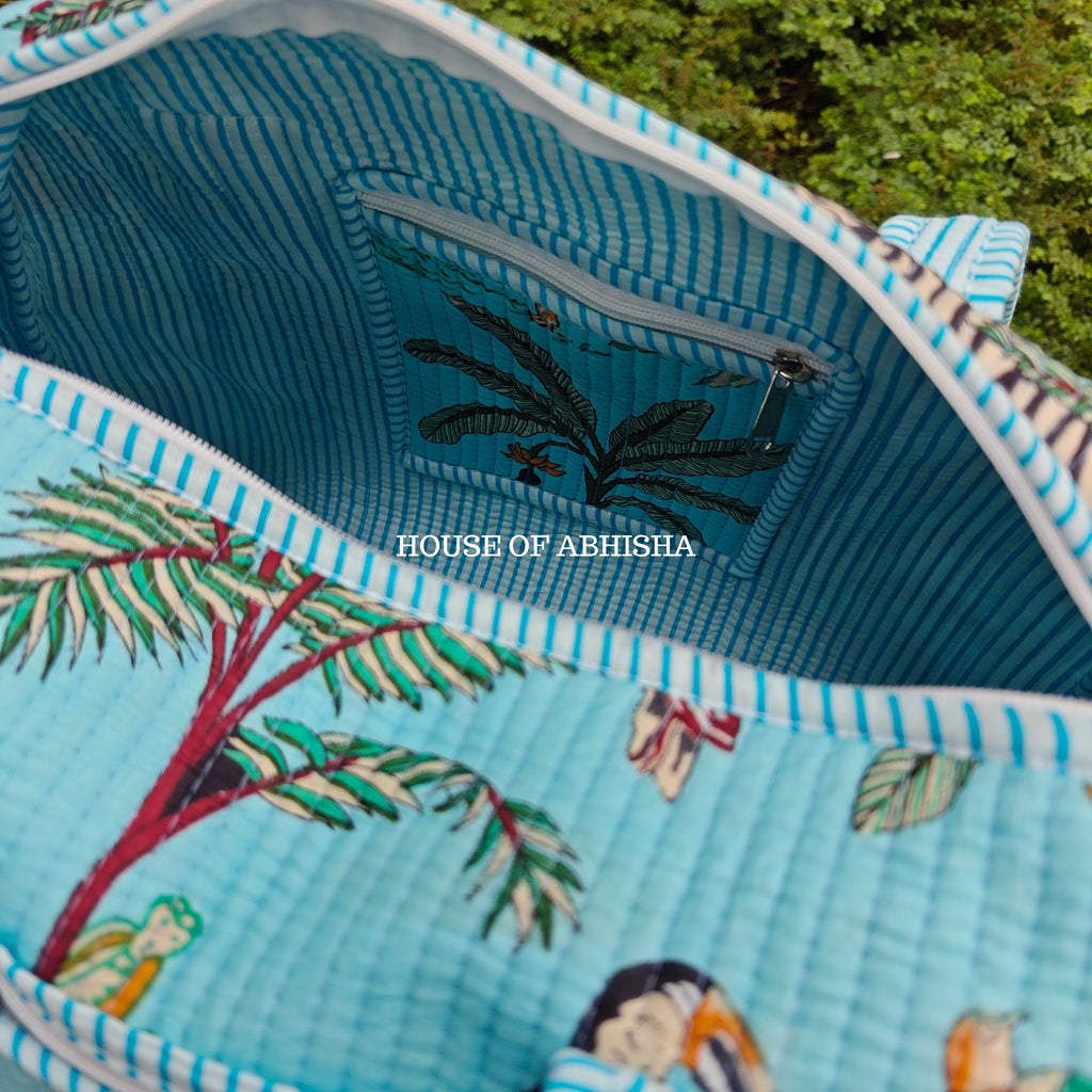 Block Printed Quilted Blue Jungle Duffle Bag