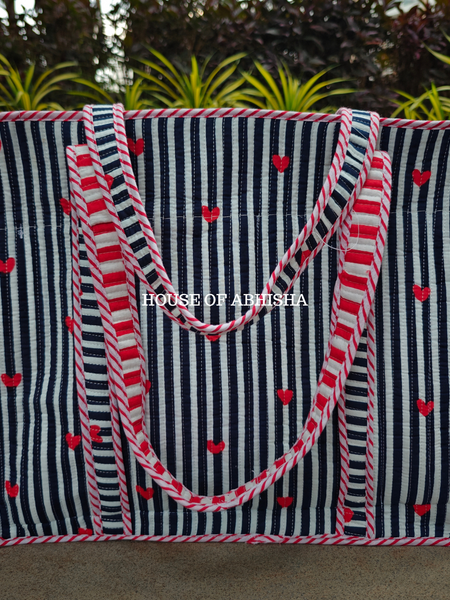 Striped Hearts Handblock Printed Cotton Tote Bag with Laptop Compartment