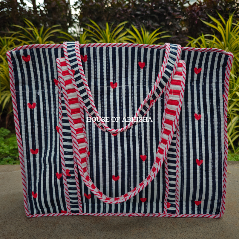 Striped Hearts Handblock Printed Cotton Tote Bag with Laptop Compartment