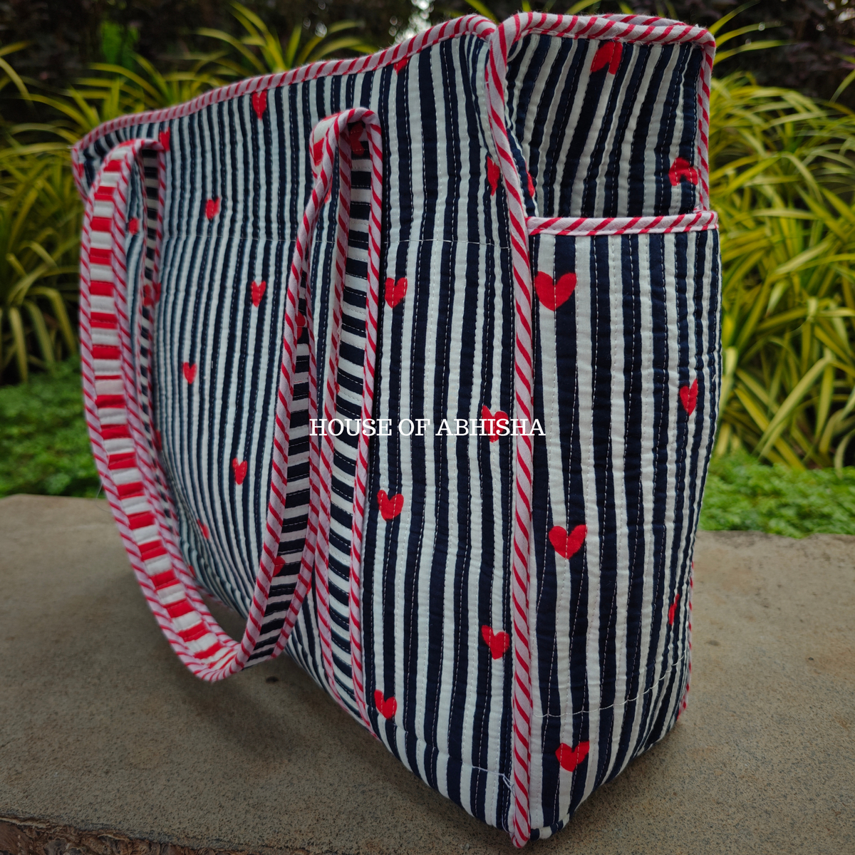Striped Hearts Handblock Printed Cotton Tote Bag with Laptop Compartment