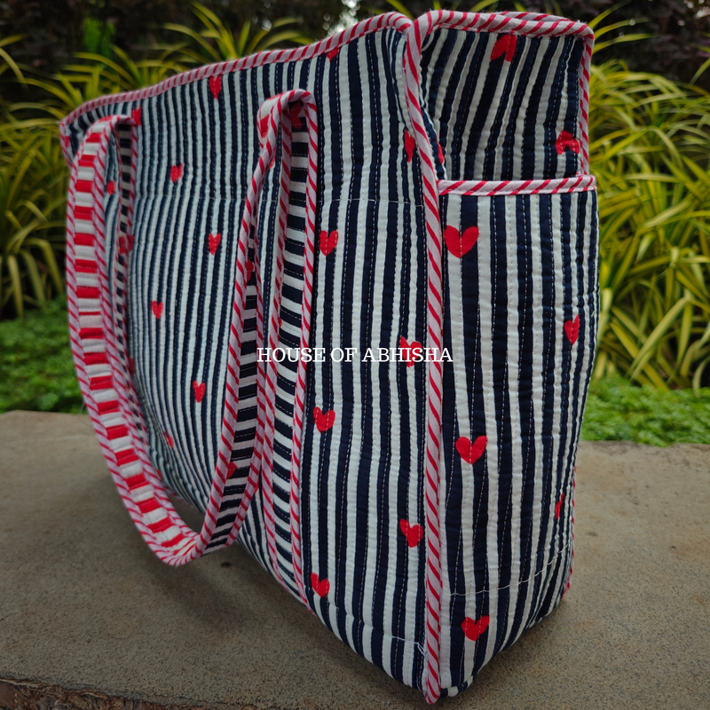 Striped Hearts Handblock Printed Cotton Tote Bag with Laptop Compartment