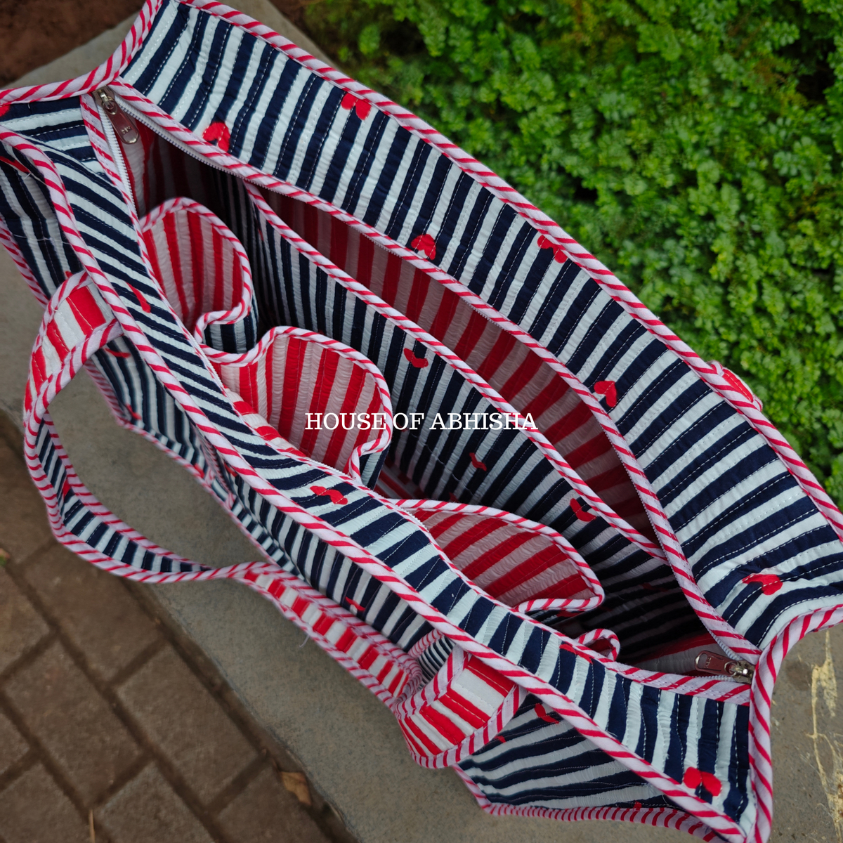 Striped Hearts Handblock Printed Cotton Tote Bag with Laptop Compartment