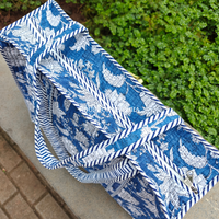 Blue Blossom Handblock Printed Cotton Tote Bag with Laptop Compartment