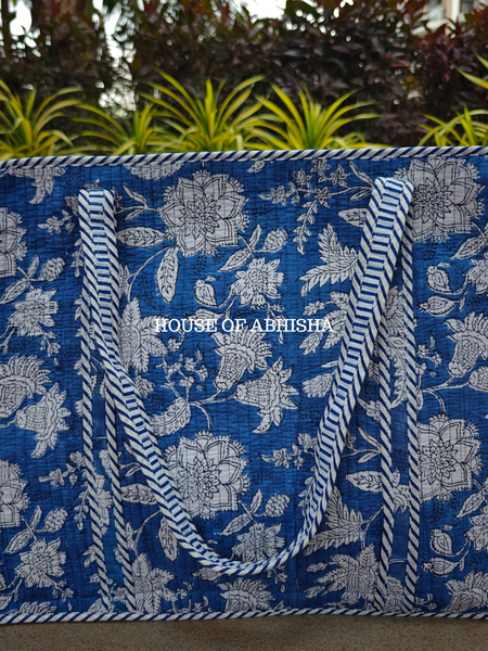Blue Blossom Handblock Printed Cotton Tote Bag with Laptop Compartment