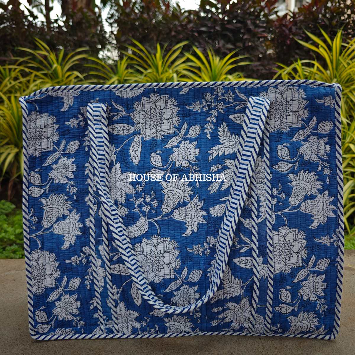 Blue Blossom Handblock Printed Cotton Tote Bag with Laptop Compartment